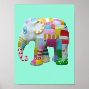 Pôster Elefante-retro-branco com patchwork de brinquedo