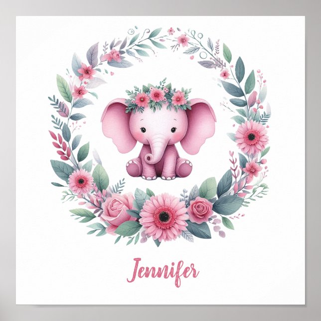 Poster Elefante rosa com coroa floral (Frente)