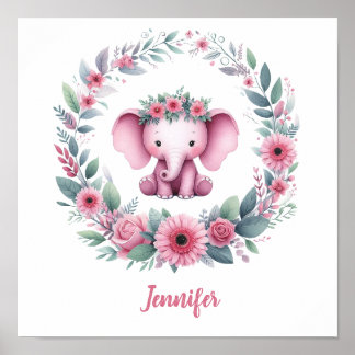Poster Elefante Rosa com Grinalda Floral