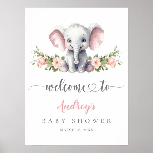 Poster Elefante Rosa Floral Baby Girl Chá bem-vindo (Frente)
