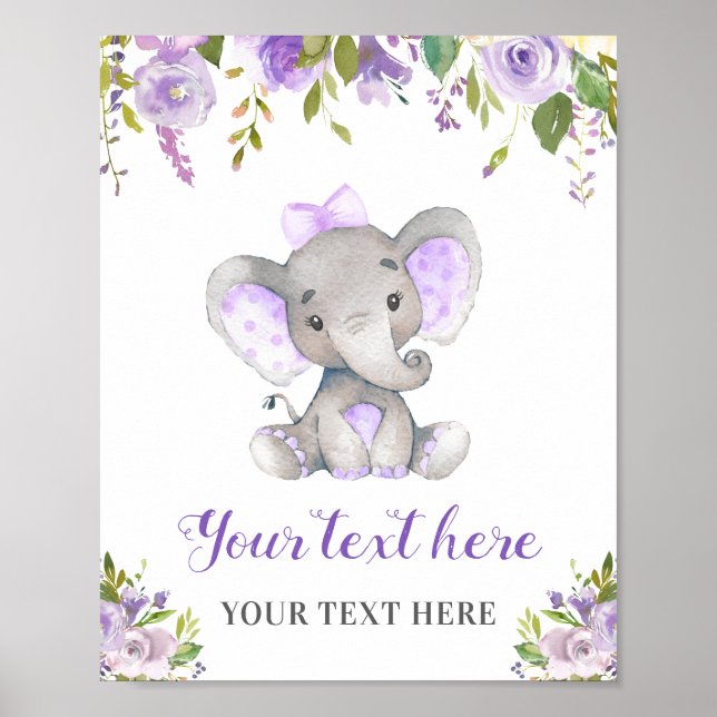 Poster Elefante Roxo Chá de fraldas Sprinkle Aniversário (Frente)