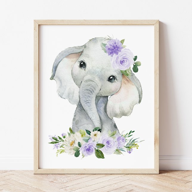 Poster Elefante, Safari, Flores Roxas, Neutro em Gênero (Criador carregado)