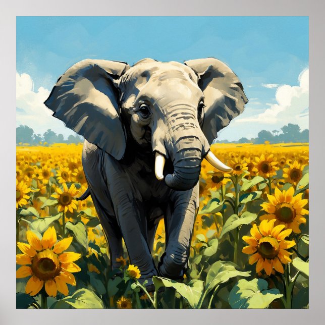 Poster Elefante Vibrante na Pintura de Campo de Girassol (Frente)