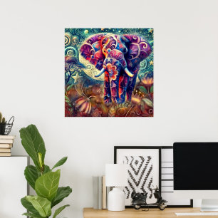 Poster Elefante Whimssso na Noite Azul Estrelas Roxas Lua