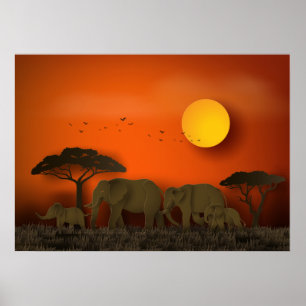 Poster Elefantes da savana africana sunset