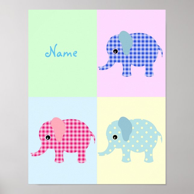 Pôster Elefantes de Desenho Animado Coloridos (Frente)