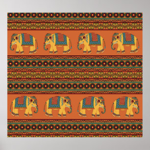 Poster Elefantes Indianos, Laranja Tradicional Sem Costur