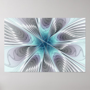 Pôster Elegance Modern Blue Cinza White Fractal Art Flowe