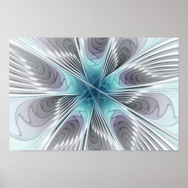 Pôster Elegance Modern Blue Cinza White Fractal Art Flowe (Frente)