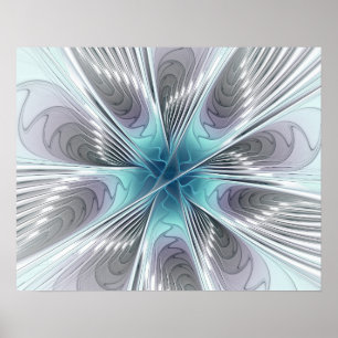 Poster Elegance Modern Blue Cinza White Fractal Art Flowe