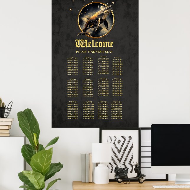 Poster elegância cósmica, o ouro, baleia negra (Escritório em casa)