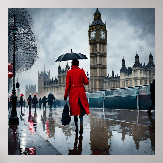 Poster Elegância de Londres na Chuva (Frente)