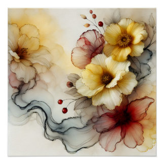 Pôster "Elegância do Bloom do Ouro: Serenidade Floral do
