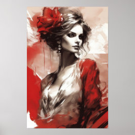 Poster Elegância em Vermelho: Mulher Moda Retrai Arte Mod