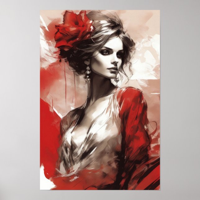 Poster Elegância em Vermelho: Mulher Moda Retrai Arte Mod (Frente)
