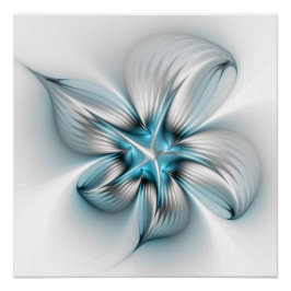 Pôster Elegância Floral Arte Fractal Azul Abstrata Modern