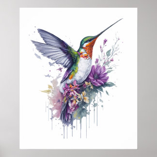 Poster Elegância Floral - Hummingbird Aquarela