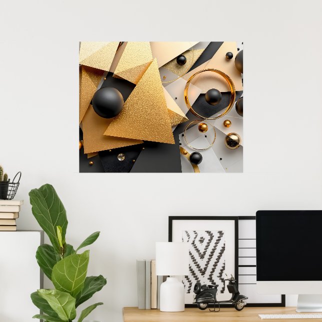 Poster Elegância Geométrica Dourada e Preta (Escritório em casa)