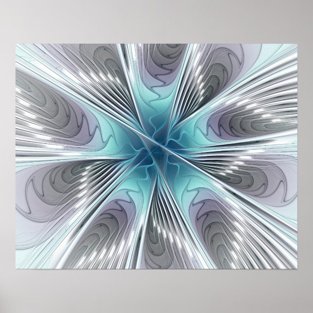Pôster Elegância Moderno Azul Cinza Branco Arte Fractal F (Frente)