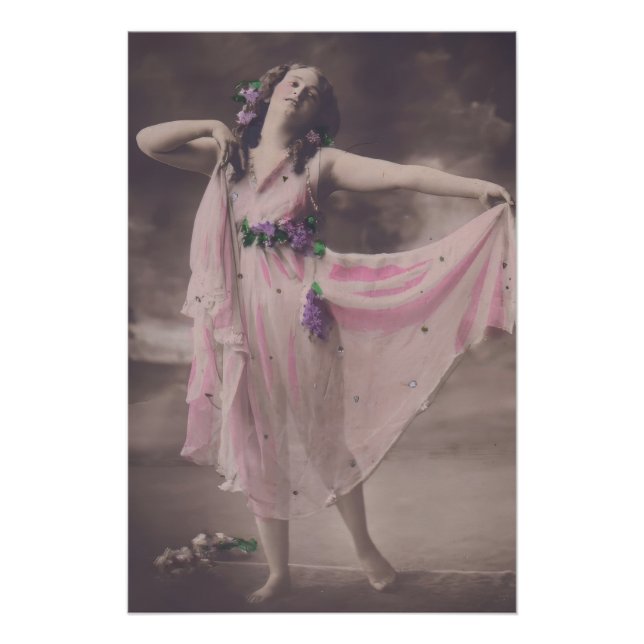 Pôster Elegância Vintage em Vestido Floral Rosa (Frente)