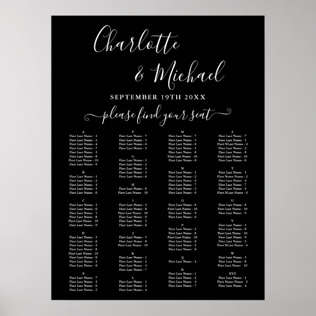 Poster Elegant Alphabetical Wedding Seating Chart (Frente)
