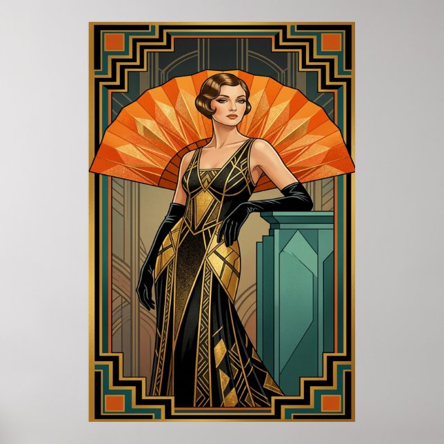 Poster Elegant Art Deco Gatsby Woman Portrait Gold (Frente)