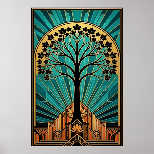 Poster Elegant Art Deco Maple Tree Silhouette Gold Teal (Frente)