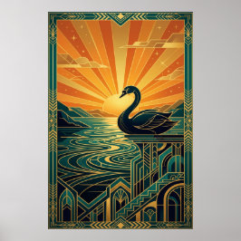 Poster Elegant Art Deco Swan Sunset Lake