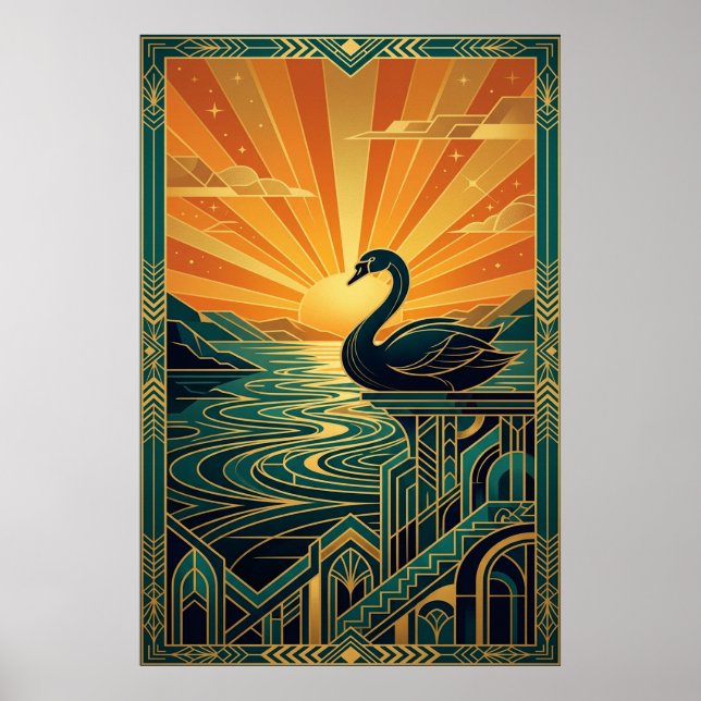 Poster Elegant Art Deco Swan Sunset Lake (Frente)