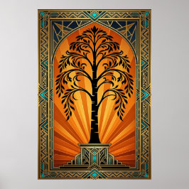 Poster Elegant Art Deco Willow Tree Sunset Gold