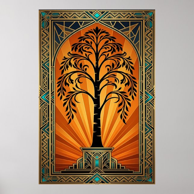 Poster Elegant Art Deco Willow Tree Sunset Gold (Frente)