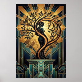 Poster Elegant Art Deco Woman Tree Silhouette Black Gold