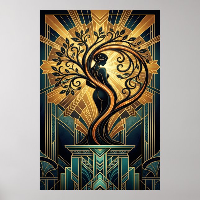 Poster Elegant Art Deco Woman Tree Silhouette Black Gold  (Frente)
