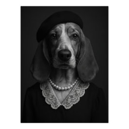 Pôster Elegant Basset Hound Lady with Beret and Pearl