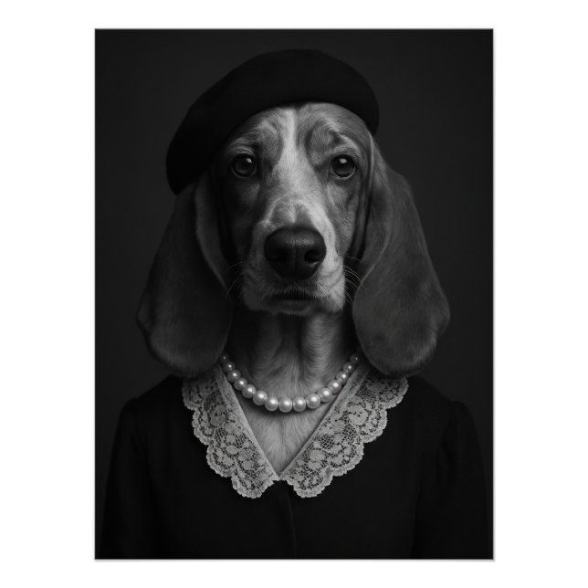 Pôster Elegant Basset Hound Lady with Beret and Pearl (Frente)
