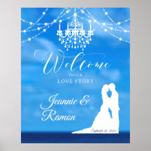 Elegant Beach, Couple & Chandelier Welcome Sign