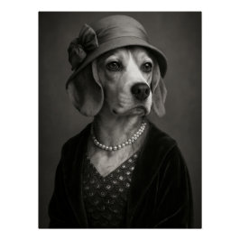Pôster Elegant Beagle Lady with Hat and Pearls - Vintage 