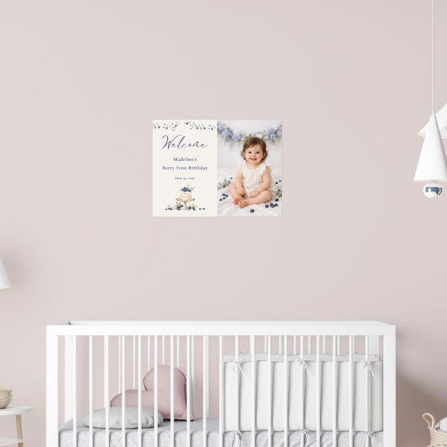 Poster Elegant Berry First Birthday Photo Welcome (Berçário 2)
