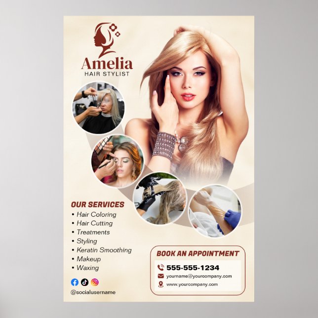 Poster Elegant Biege Hair Stylist Salon Makeup Waxing (Frente)