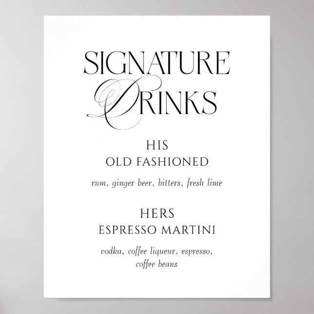 Poster Elegant Black and White Wedding Signature Drinks (Frente)