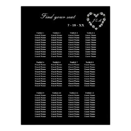 Pôster Elegant Black Floral Heart 12 Tables Wedding Seati