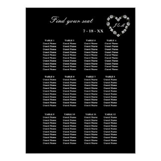 Pôster Elegant Black Floral Heart 12 Tables Wedding Seati