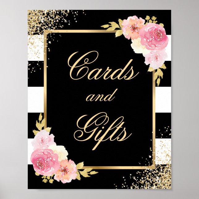 Poster Elegant Black Floral Wedding Cards and Gifts Sign (Frente)