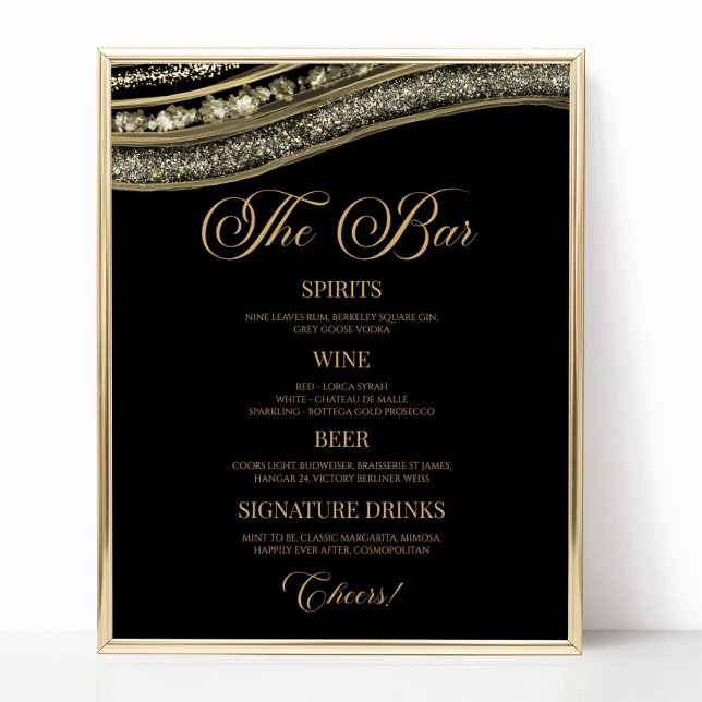 Poster Elegant Black Gold Agate Party Bar Menu Sign (Criador carregado)