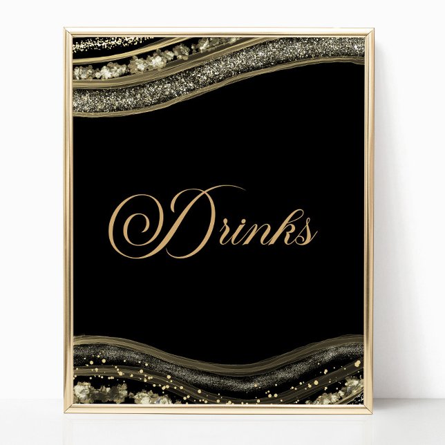Poster Elegant Black Gold Agate Party Drinks Sign (Criador carregado)