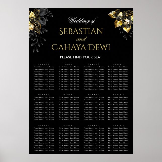 Poster Elegant black & gold summer wedding seating chart (Frente)