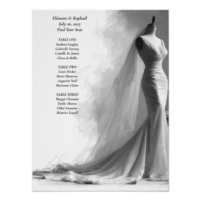 Pôster Elegant Black & White Wedding Seating Chart  (Frente)