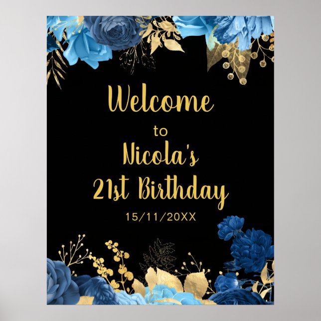 Poster Elegant Blue and Gold Flowers Birthday Party (Frente)