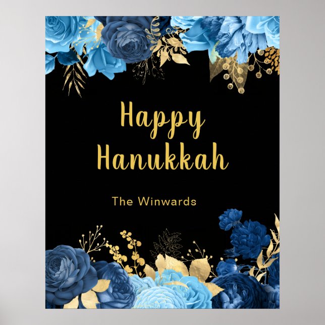 Poster Elegant Blue and Gold Flowers Hanukkah Party (Frente)
