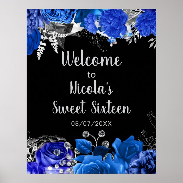 Poster Elegant Blue and Silver Flowers Sweet Sixteen  (Frente)